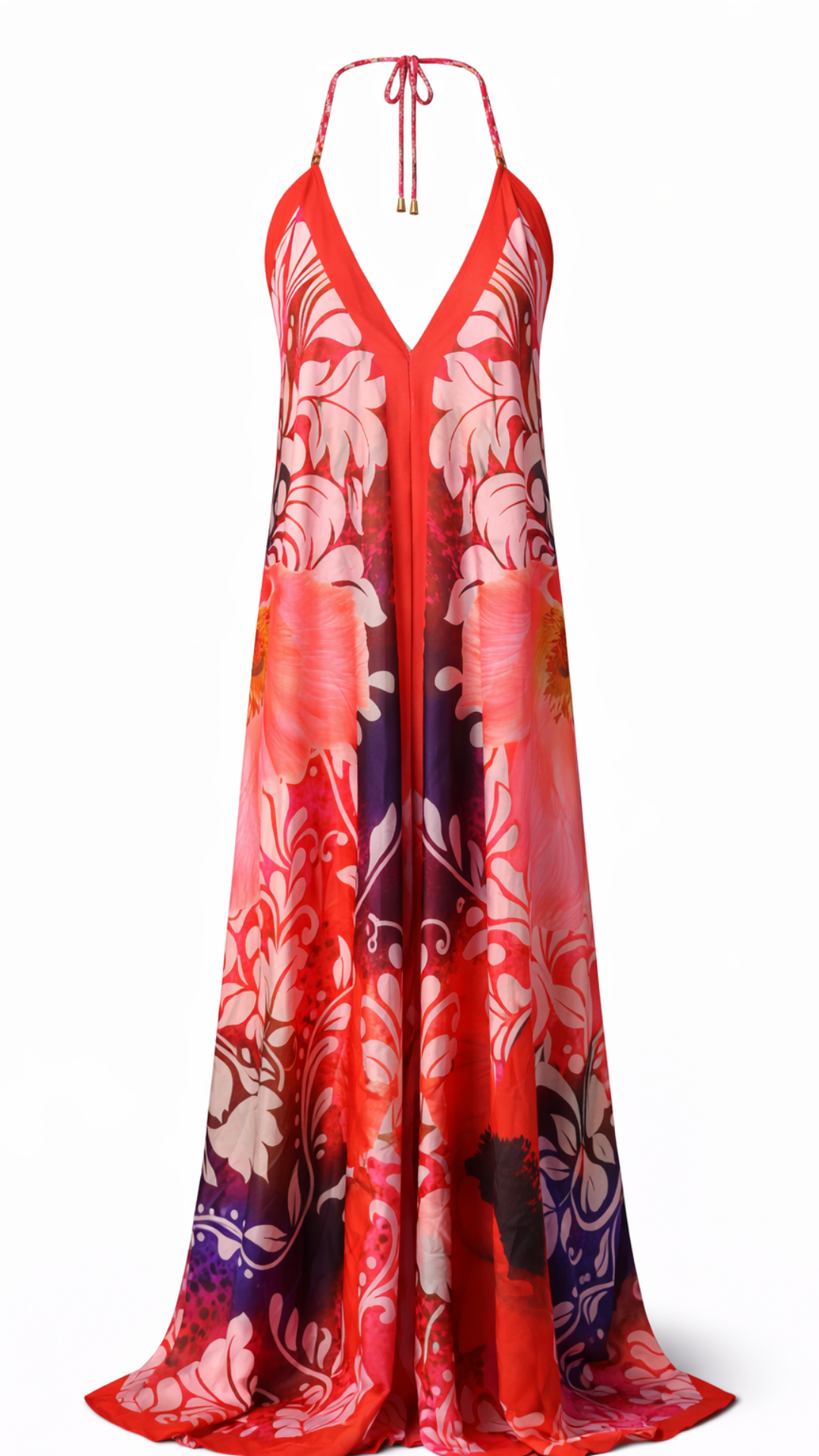 Vestido midi halter Art Nouveau Coral