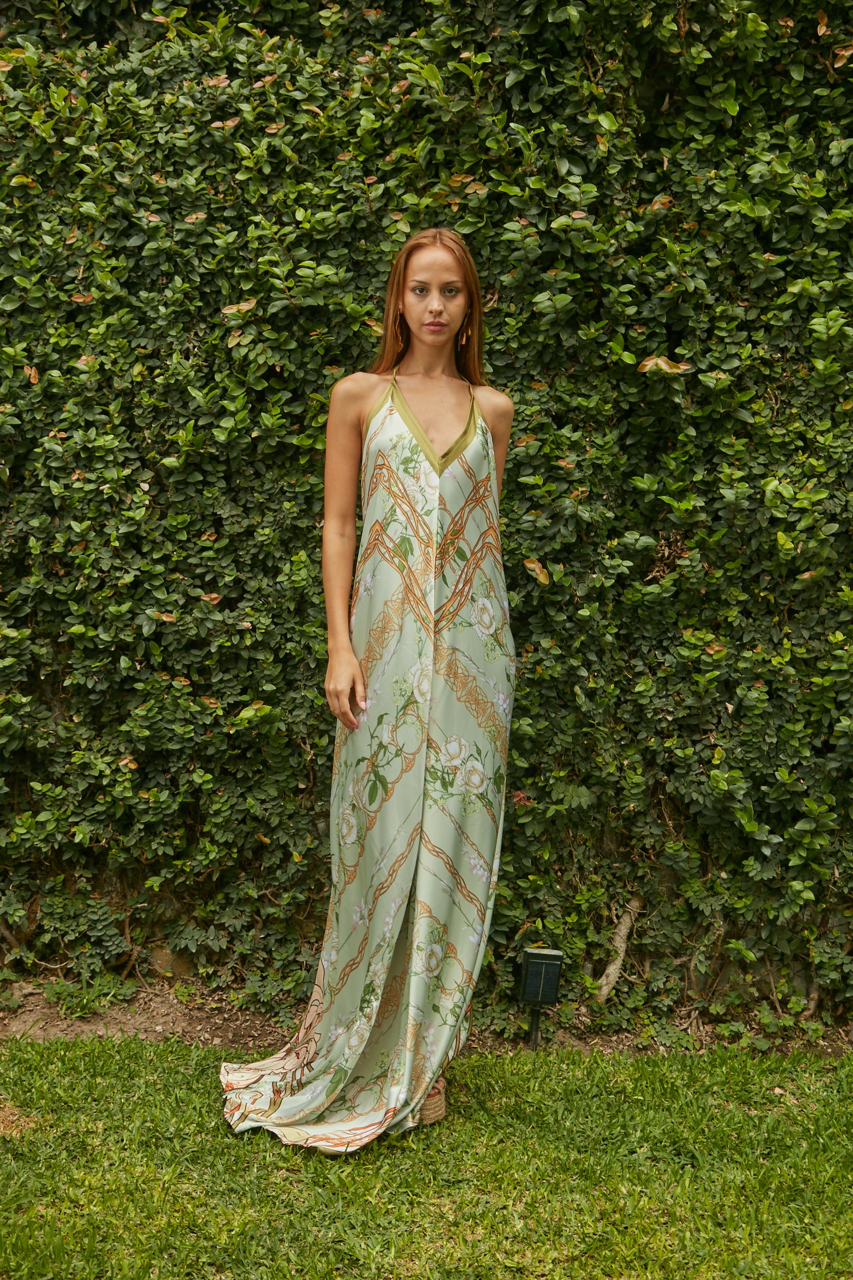 Vestido largo Art Nouveau verde agua